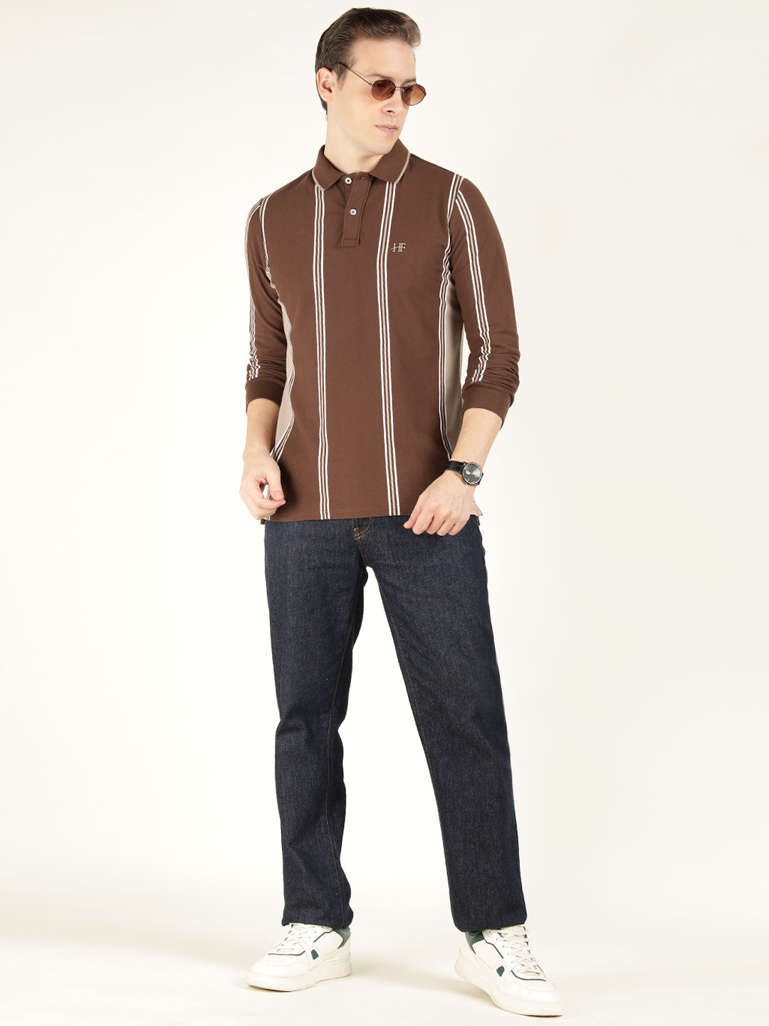Men Brown Striped Cotton Elastene Slim Fit Casual Tshirt