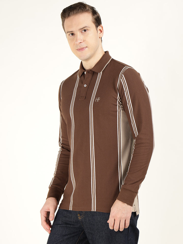 Men Brown Striped Cotton Elastene Slim Fit Casual Tshirt