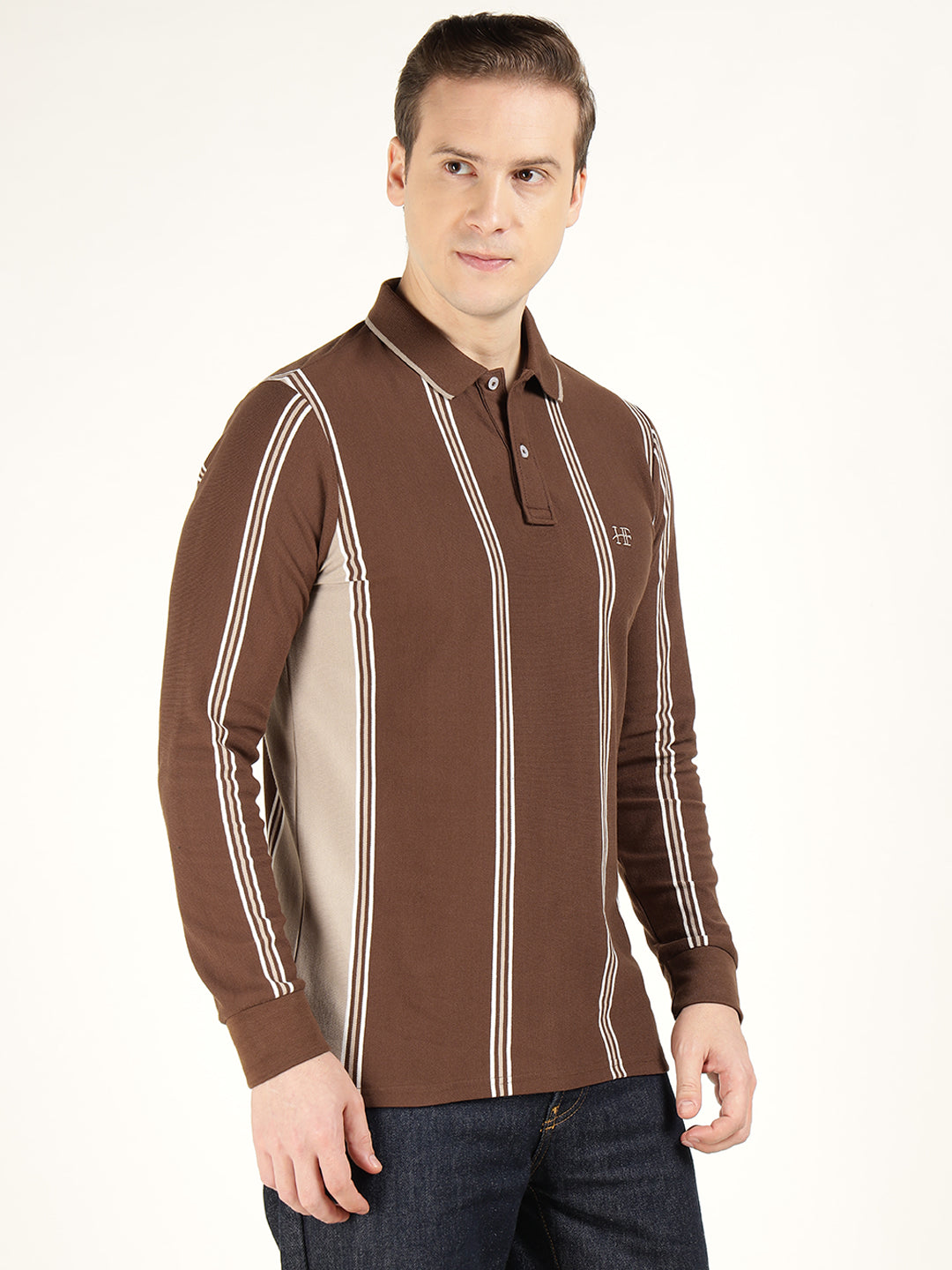 Men Brown Striped Cotton Elastene Slim Fit Casual Tshirt