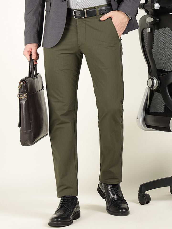 Men Olive Solid Cotton Elastene Slim Fit Formal Trouser
