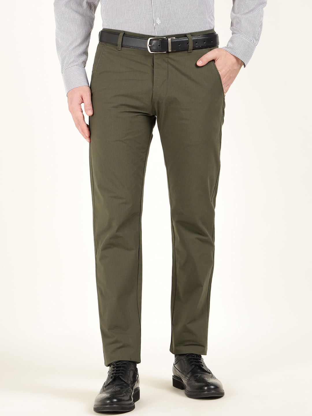 Men Olive Solid Cotton Elastene Slim Fit Formal Trouser