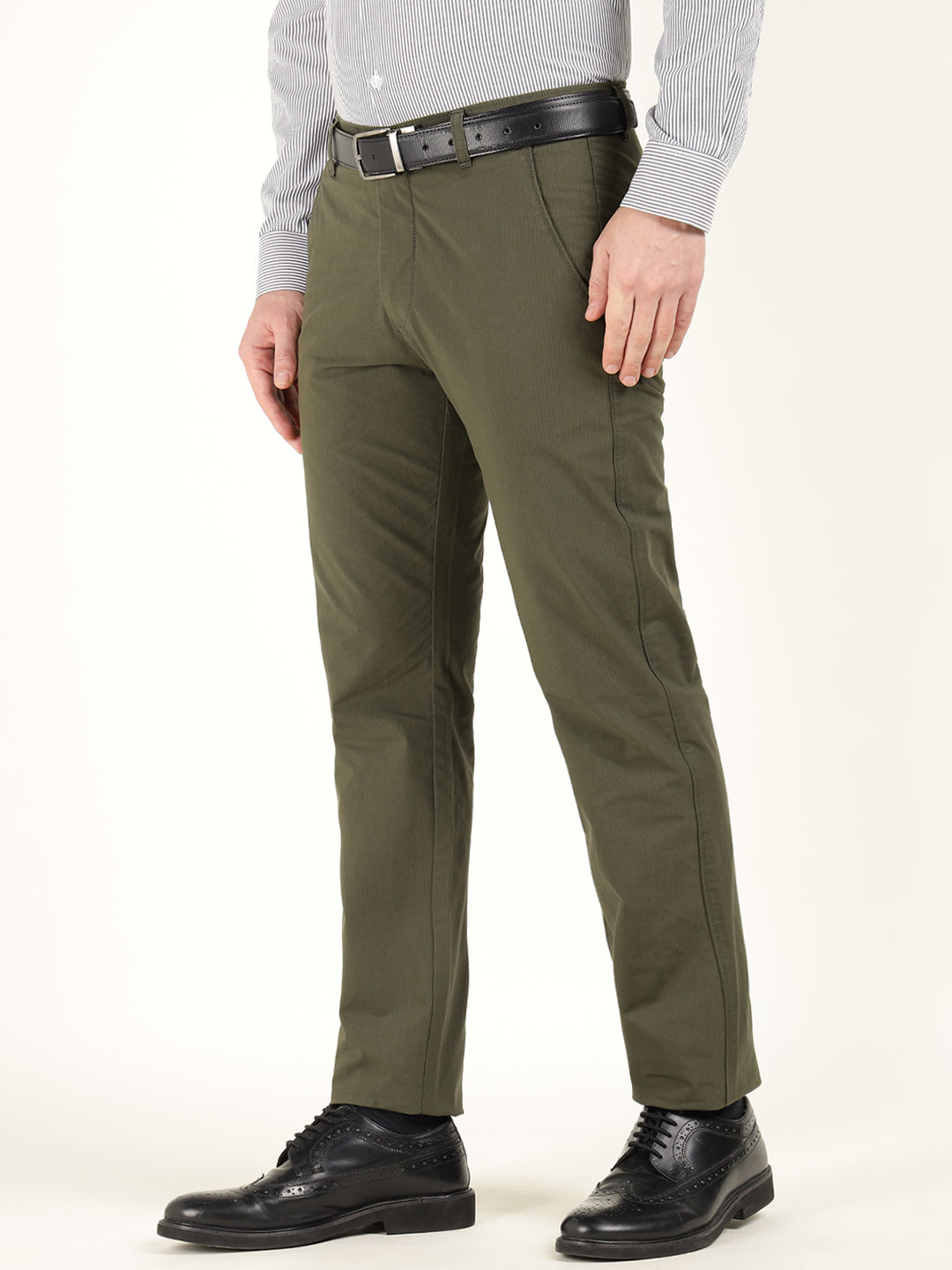 Men Olive Solid Cotton Elastene Slim Fit Formal Trouser