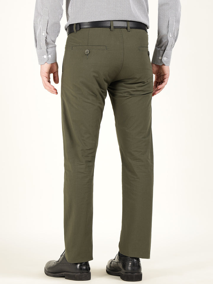 Men Olive Solid Cotton Elastene Slim Fit Formal Trouser