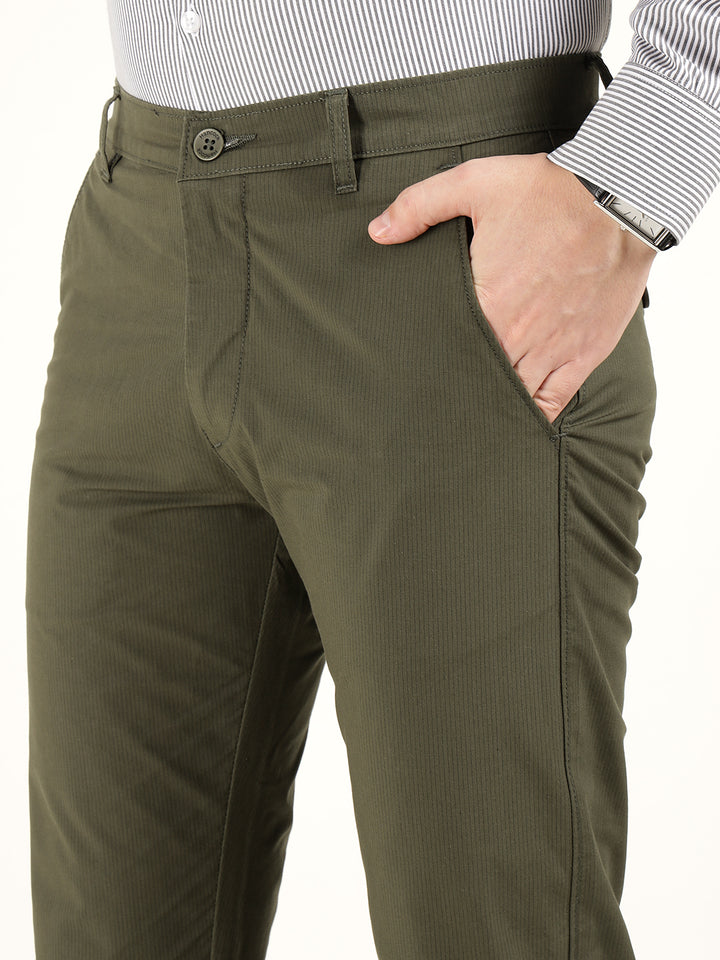 Men Olive Solid Cotton Elastene Slim Fit Formal Trouser