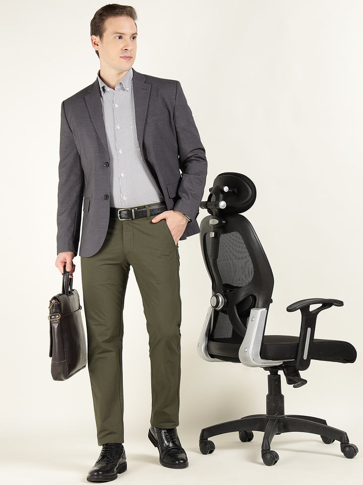 Men Olive Solid Cotton Elastene Slim Fit Formal Trouser