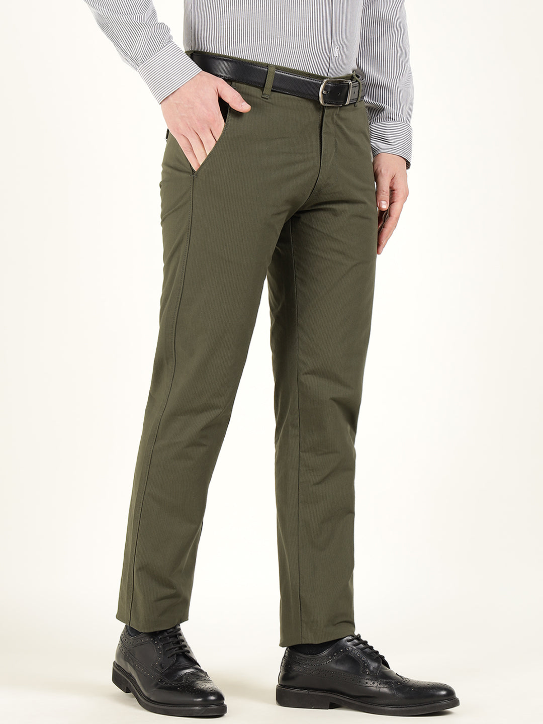 Men Olive Solid Cotton Elastene Slim Fit Formal Trouser
