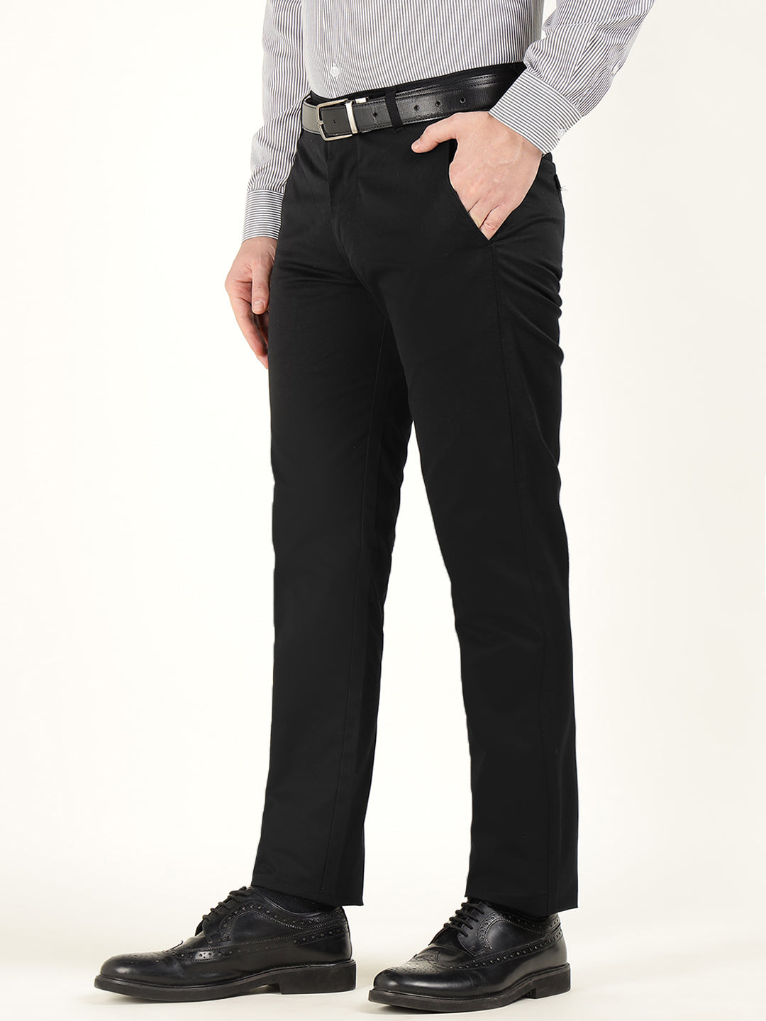 Men Black Solid Pure Cotton Slim Fit Formal Trouser