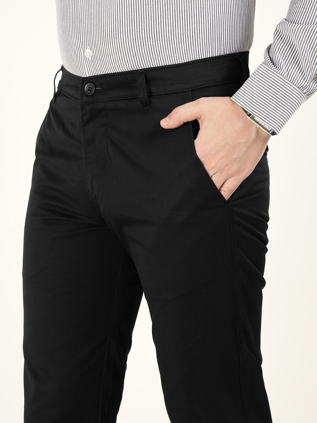 Men Black Solid Pure Cotton Slim Fit Formal Trouser