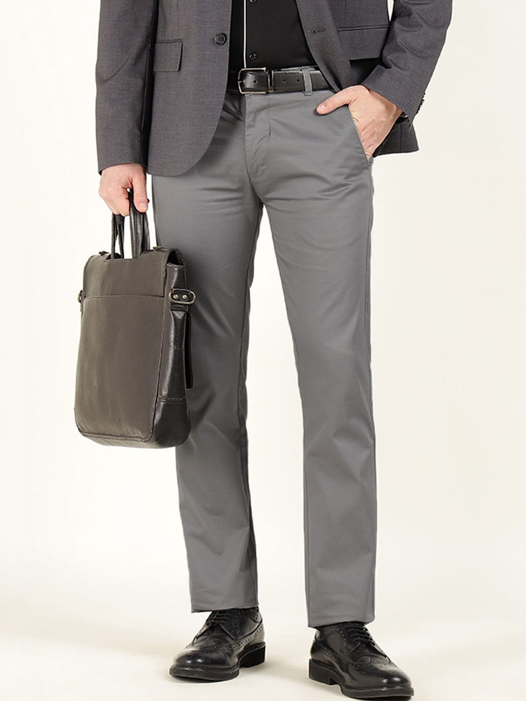 Men Grey Solid Pure Cotton Slim Fit Formal Trouser