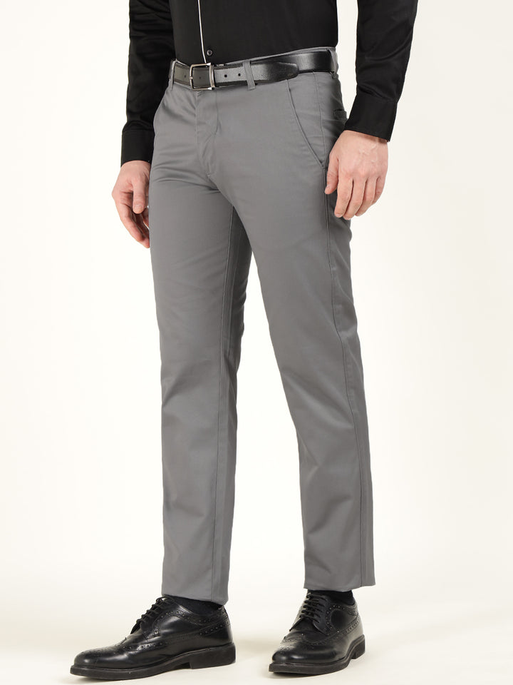 Men Grey Solid Pure Cotton Slim Fit Formal Trouser