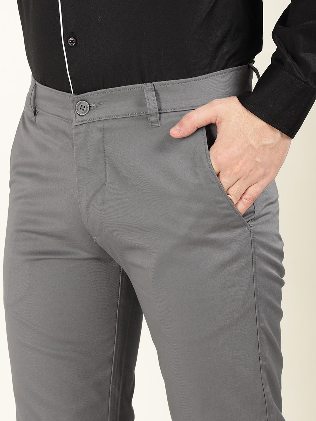 Men Grey Solid Pure Cotton Slim Fit Formal Trouser