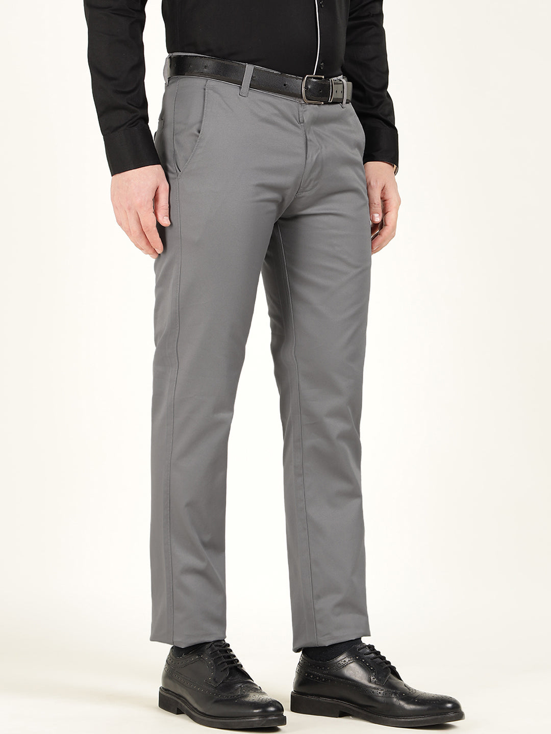 Men Grey Solid Pure Cotton Slim Fit Formal Trouser