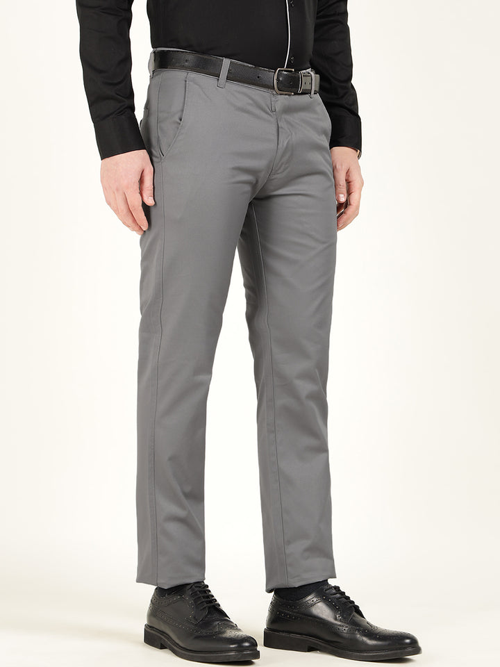 Men Grey Solid Pure Cotton Slim Fit Formal Trouser