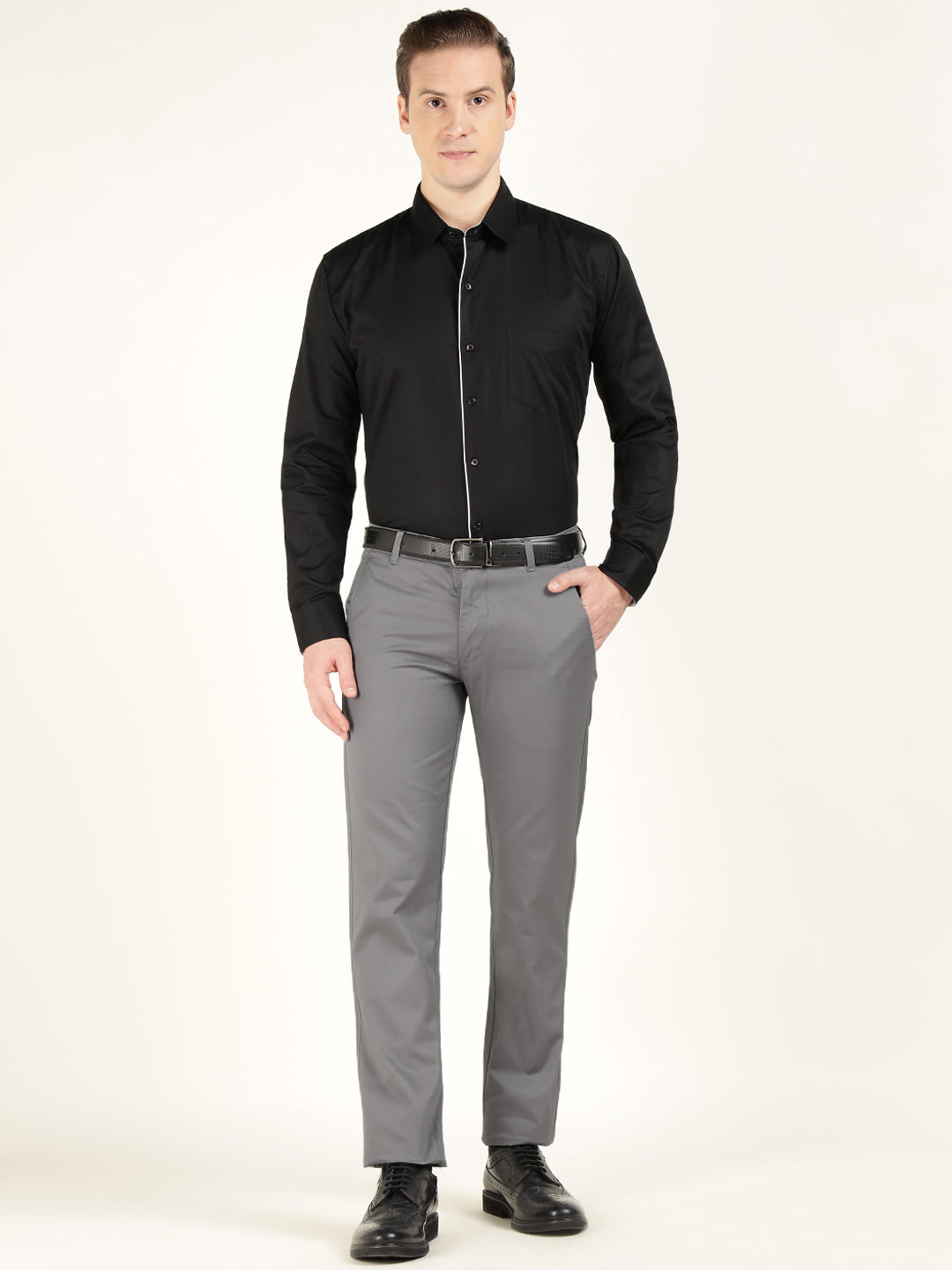 Men Grey Solid Pure Cotton Slim Fit Formal Trouser