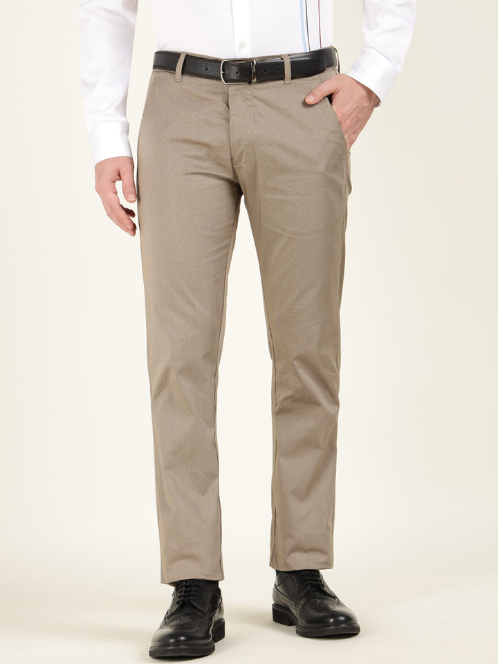Men Beige Solid Cotton Elastene Slim Fit Formal Trouser