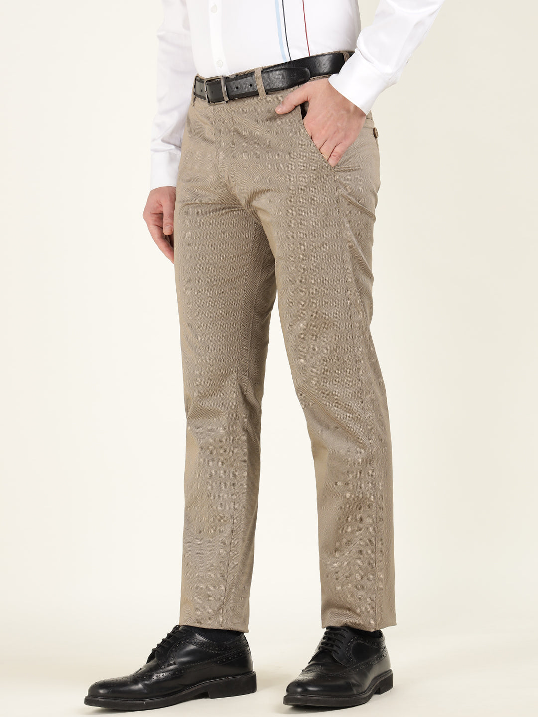 Men Beige Solid Cotton Elastene Slim Fit Formal Trouser