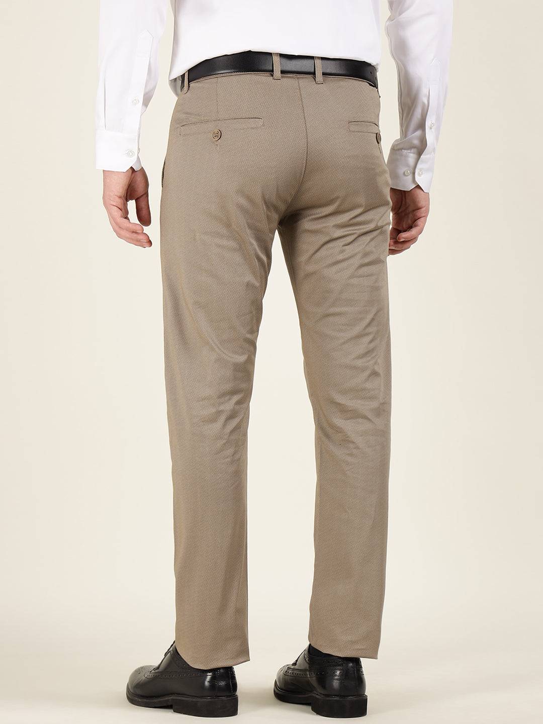 Men Beige Solid Cotton Elastene Slim Fit Formal Trouser