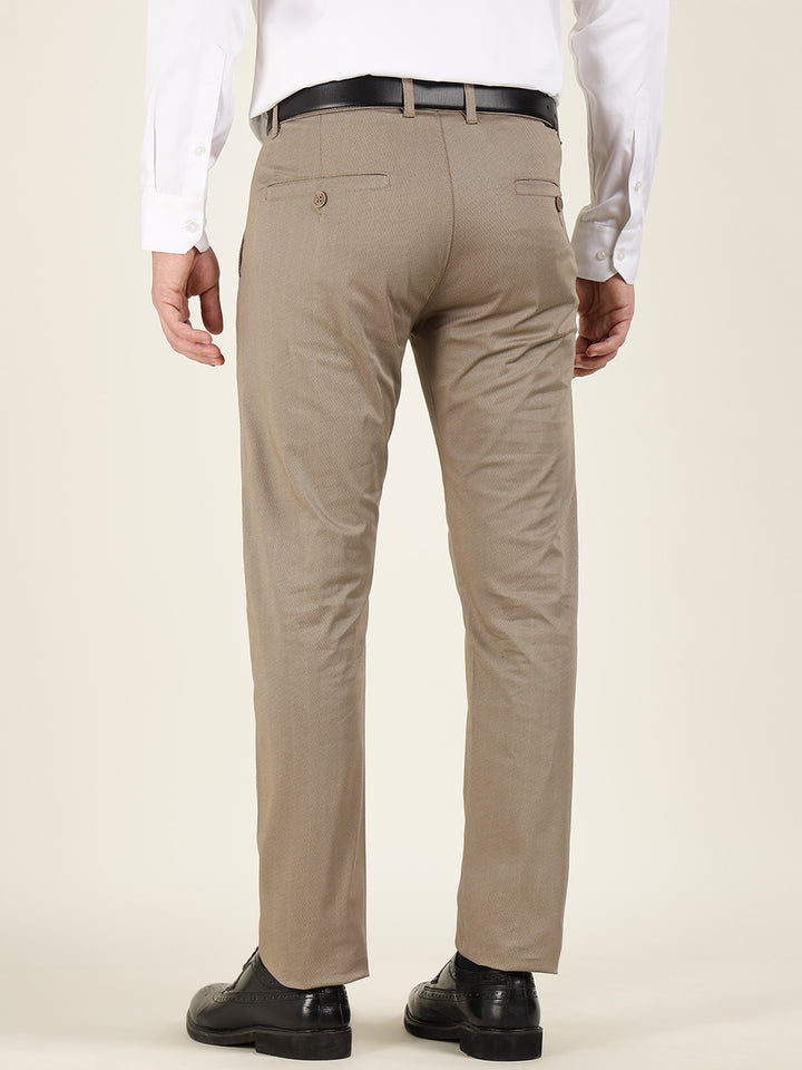 Men Beige Solid Cotton Elastene Slim Fit Formal Trouser