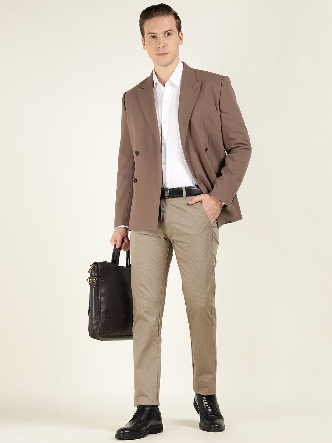 Men Beige Solid Cotton Elastene Slim Fit Formal Trouser