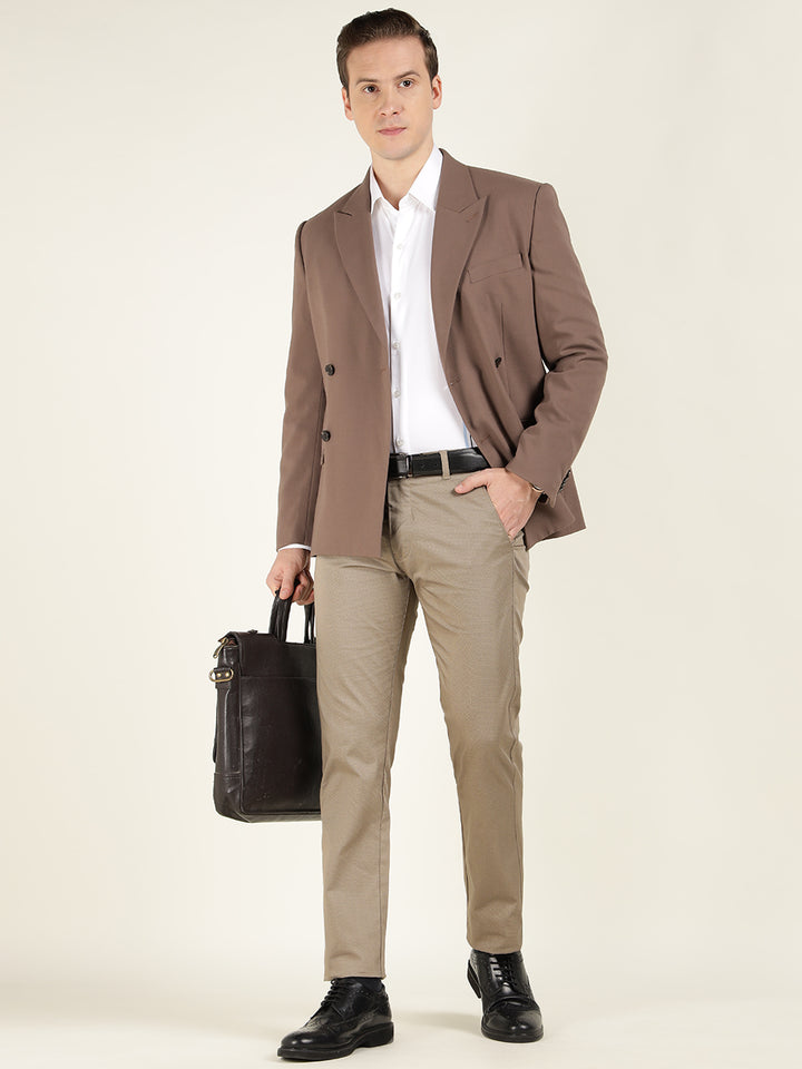Men Beige Solid Cotton Elastene Slim Fit Formal Trouser
