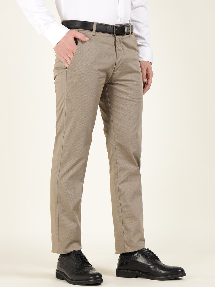 Men Beige Solid Cotton Elastene Slim Fit Formal Trouser