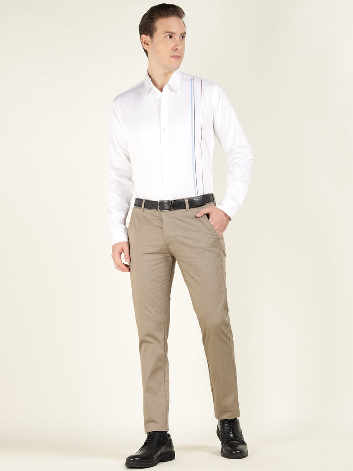 Men Beige Solid Cotton Elastene Slim Fit Formal Trouser
