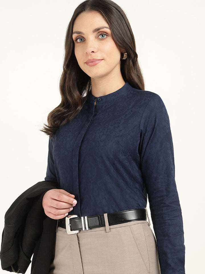 Women Navy Blue Solid Pure Cotton Regular Fit Formal Shirt