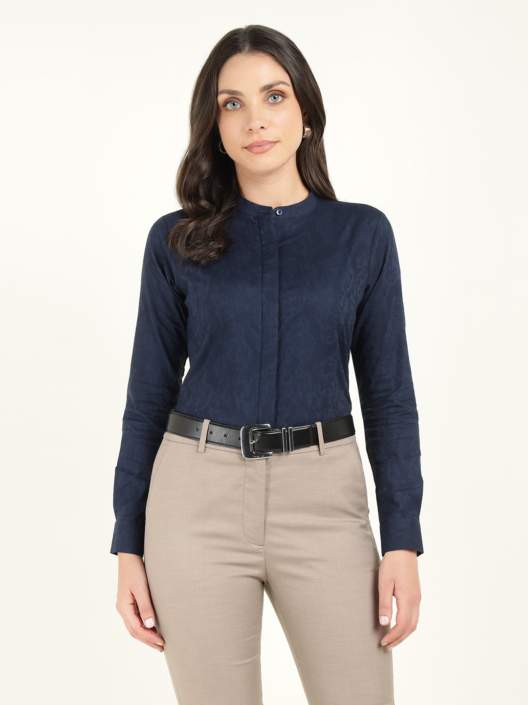 Women Navy Blue Solid Pure Cotton Regular Fit Formal Shirt