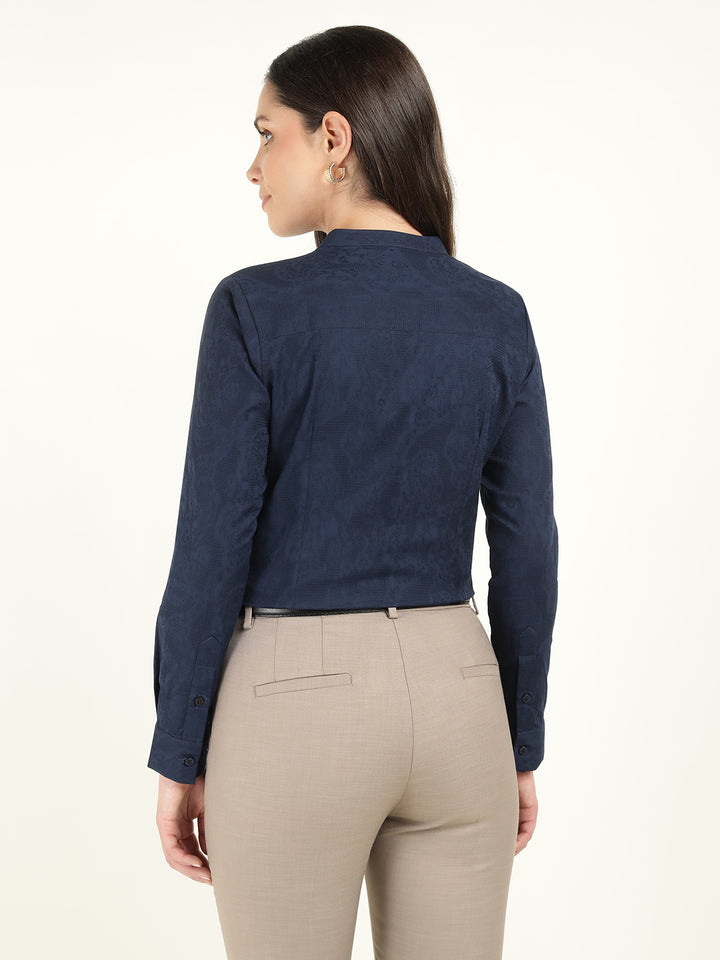 Women Navy Blue Solid Pure Cotton Regular Fit Formal Shirt