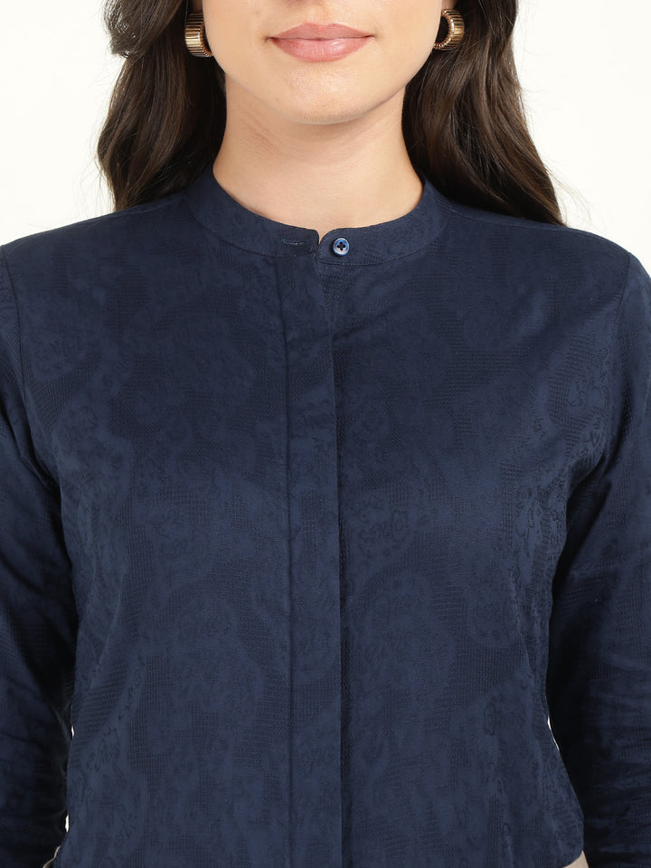 Women Navy Blue Solid Pure Cotton Regular Fit Formal Shirt