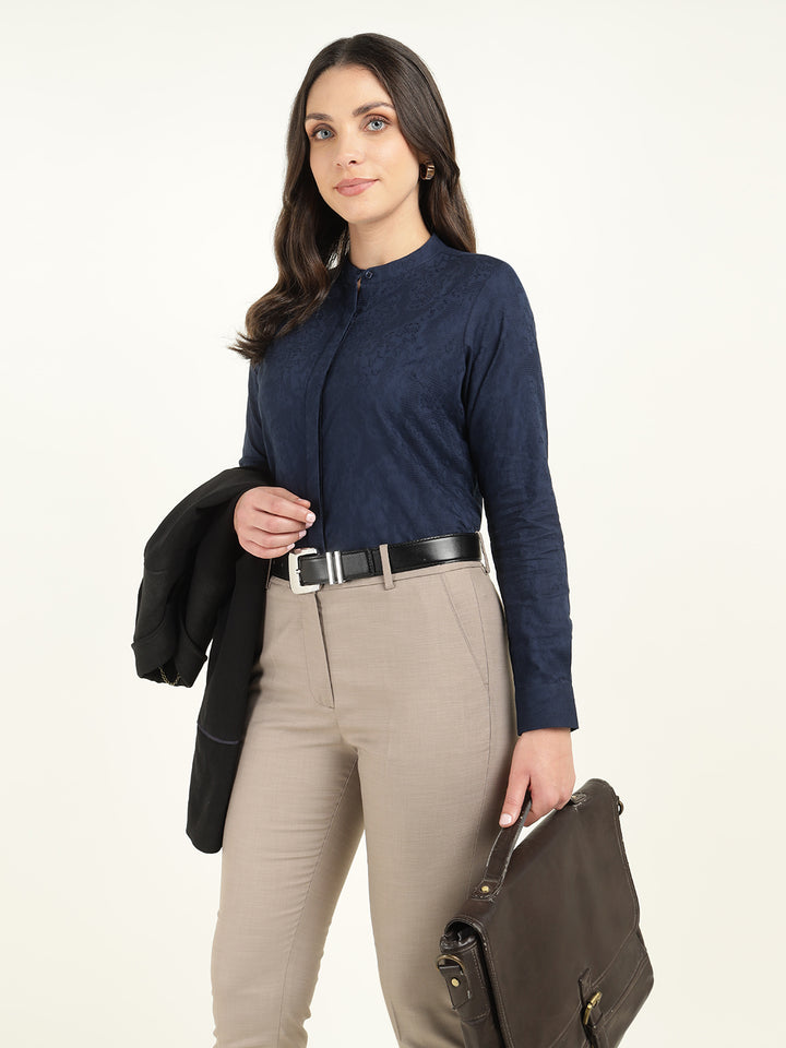 Women Navy Blue Solid Pure Cotton Regular Fit Formal Shirt