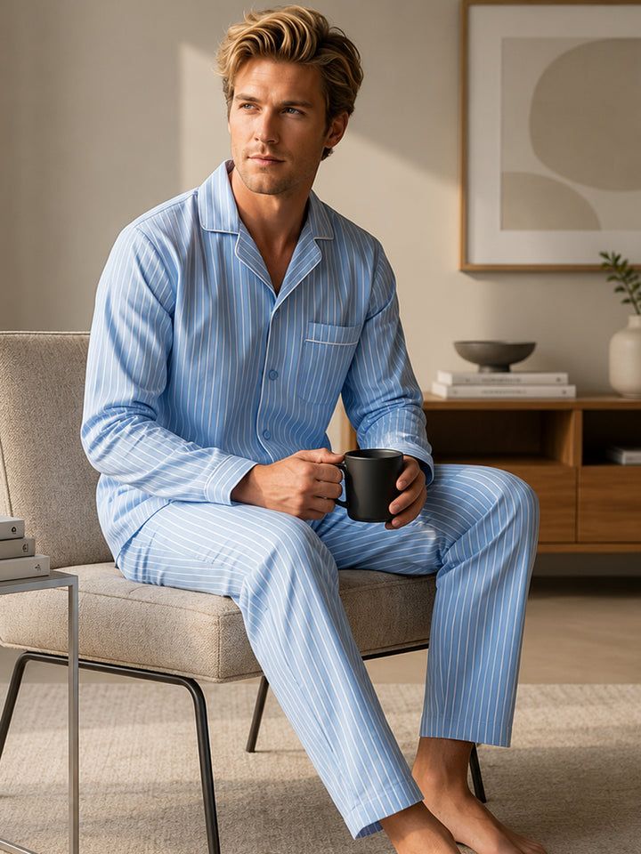 Men Blue & White Striped Pure Cotton Relaxed Fit Casual Night Suit