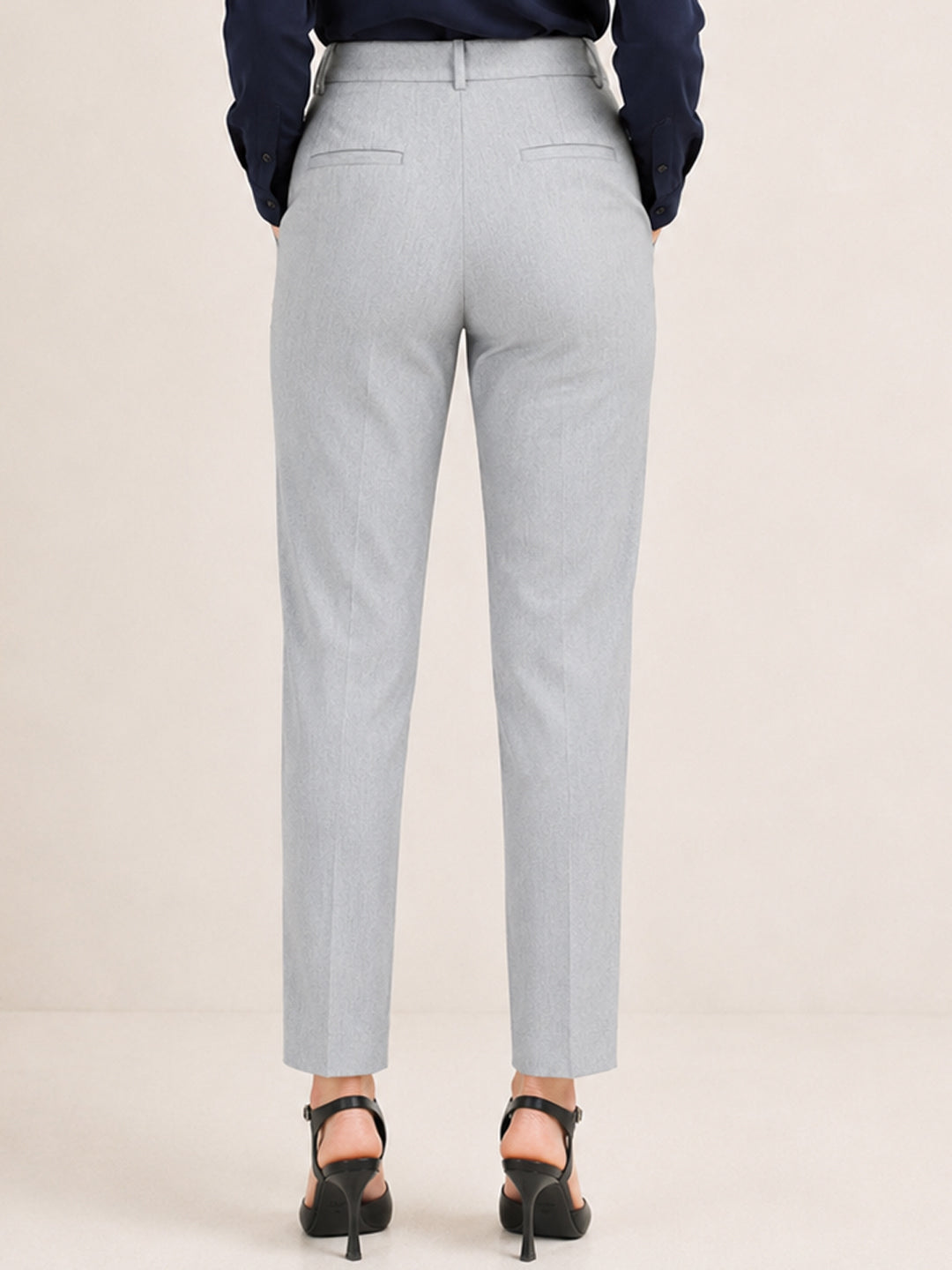 Women Smoke Grey Solid Polyester Viscose & Elastane Regular Fit Formal Trouser