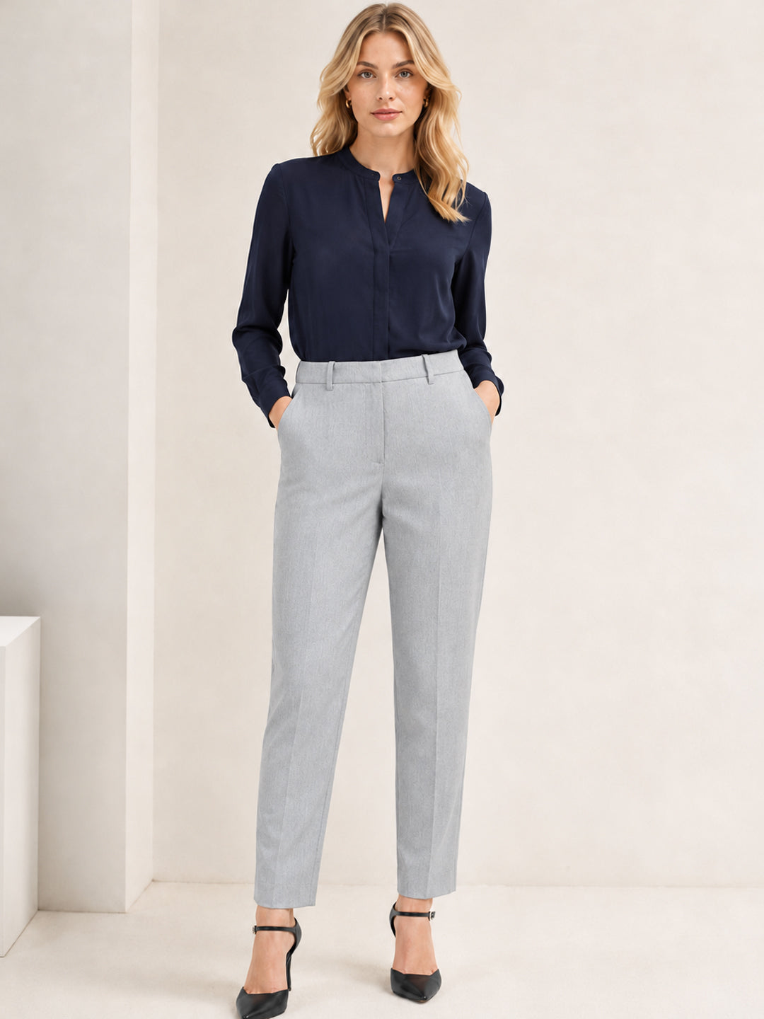 Women Smoke Grey Solid Polyester Viscose & Elastane Regular Fit Formal Trouser