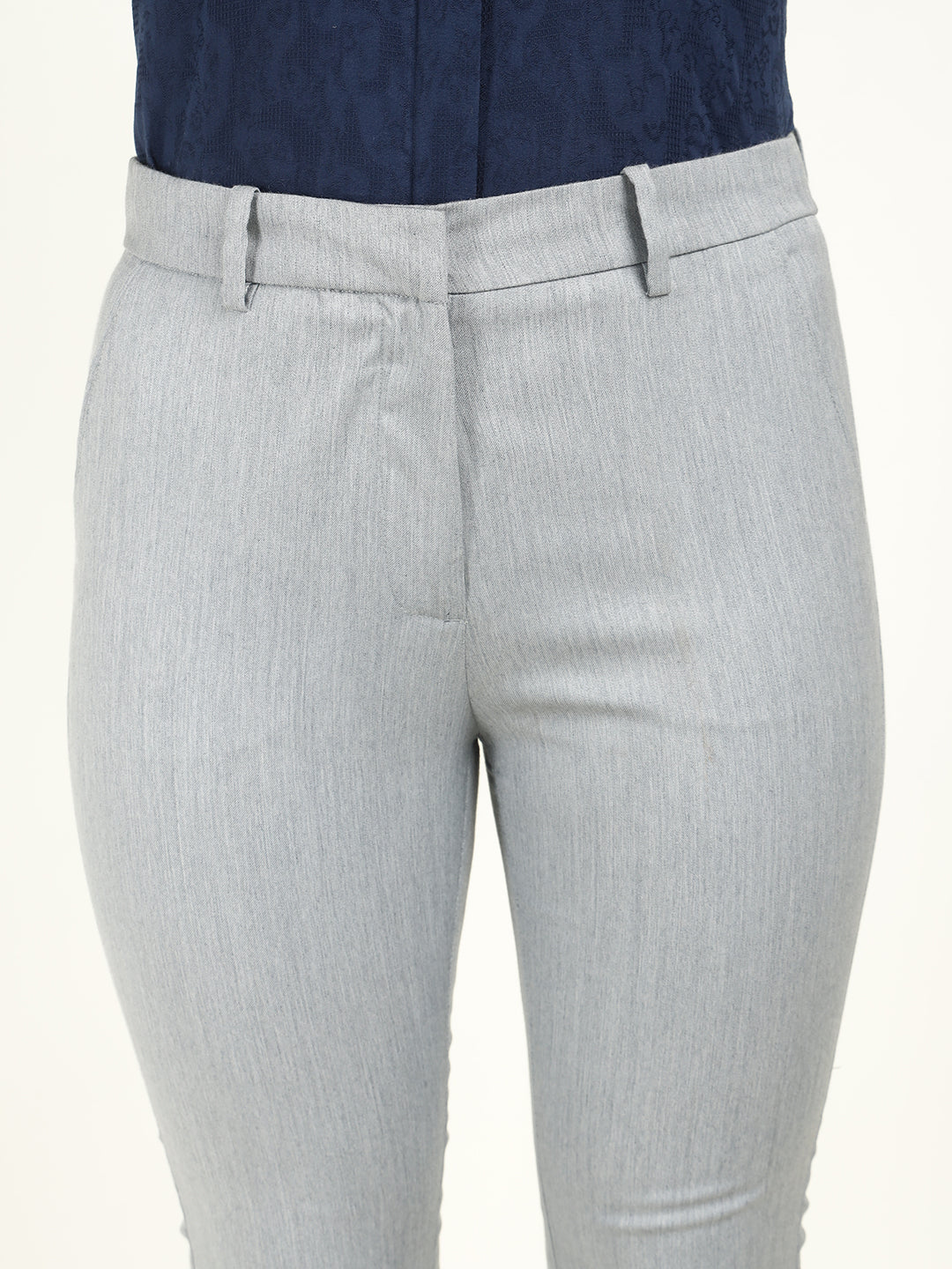 Hancock Women Smoke Grey Solid Polyester, Viscose & Elastane Regular Fit Formal Trouser