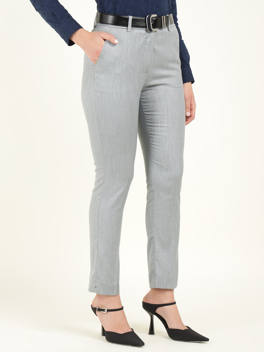 Hancock Women Smoke Grey Solid Polyester, Viscose & Elastane Regular Fit Formal Trouser