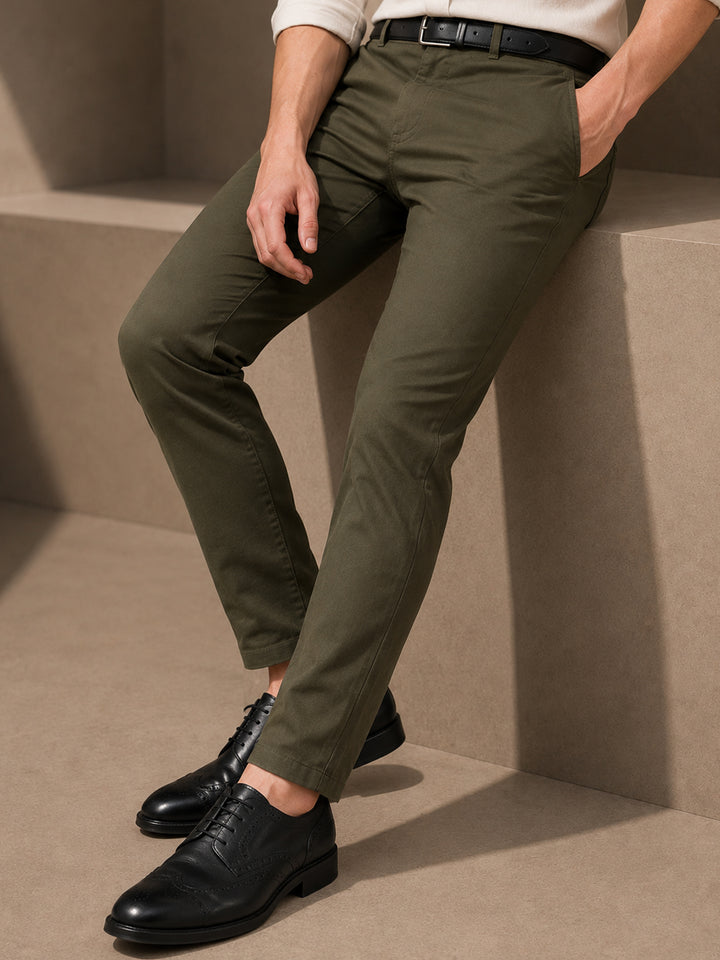 Men Olive Solid Cotton Elastene Slim Fit Formal Trouser