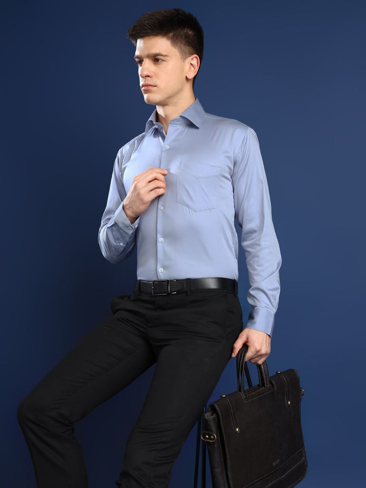 Hancock Men Sky Blue Solid Cotton Elastene Slim Fit Party Shirt