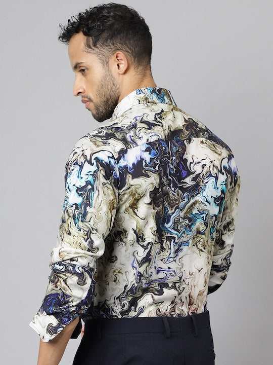 Men Beige Abstract Printed Viscose Rayon Slim Fit Party Shirt