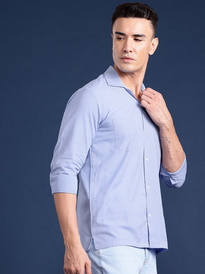 Men Blue Solid Pure Cotton Relaxed Fit Casual Shirt