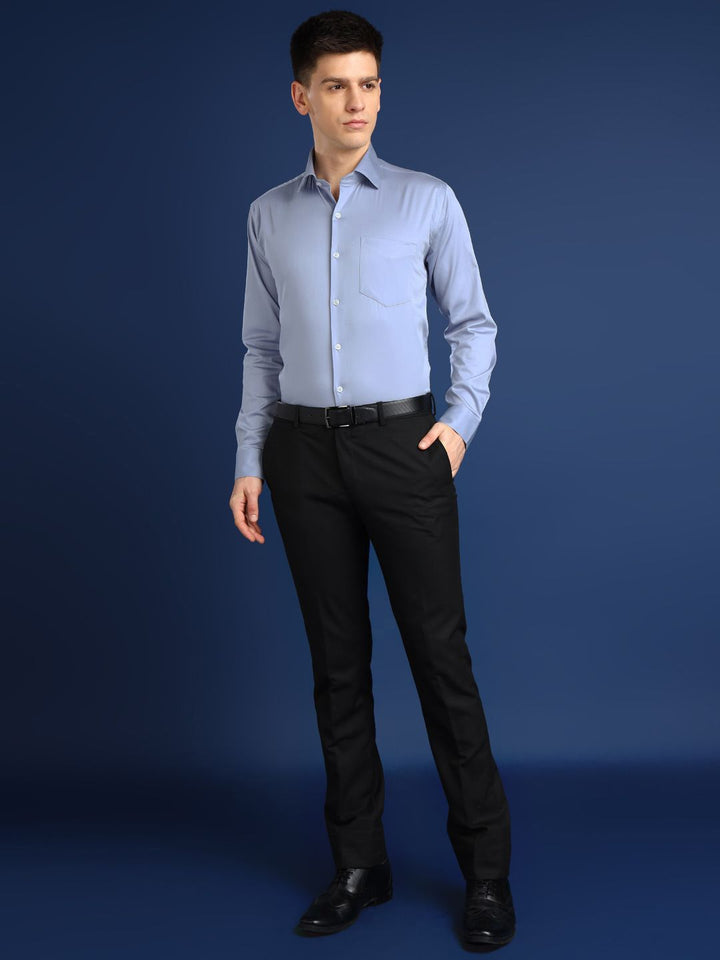 Hancock Men Sky Blue Solid Cotton Elastene Slim Fit Party Shirt