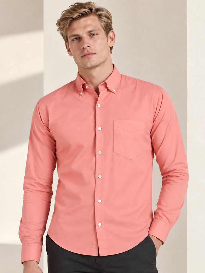 Men Coral Pure Cotton Button Down Collar Slim Fit Casual Shirt