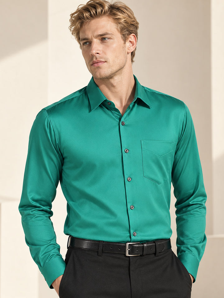 Men Green Solid Slim Fit Pure Cotton Satin Party Shirt