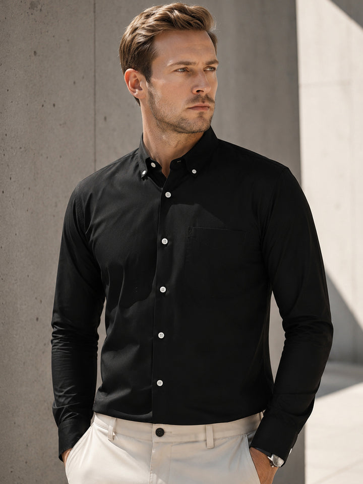 Men Black Pure Cotton Button Down Collar Slim Fit Casual Shirt
