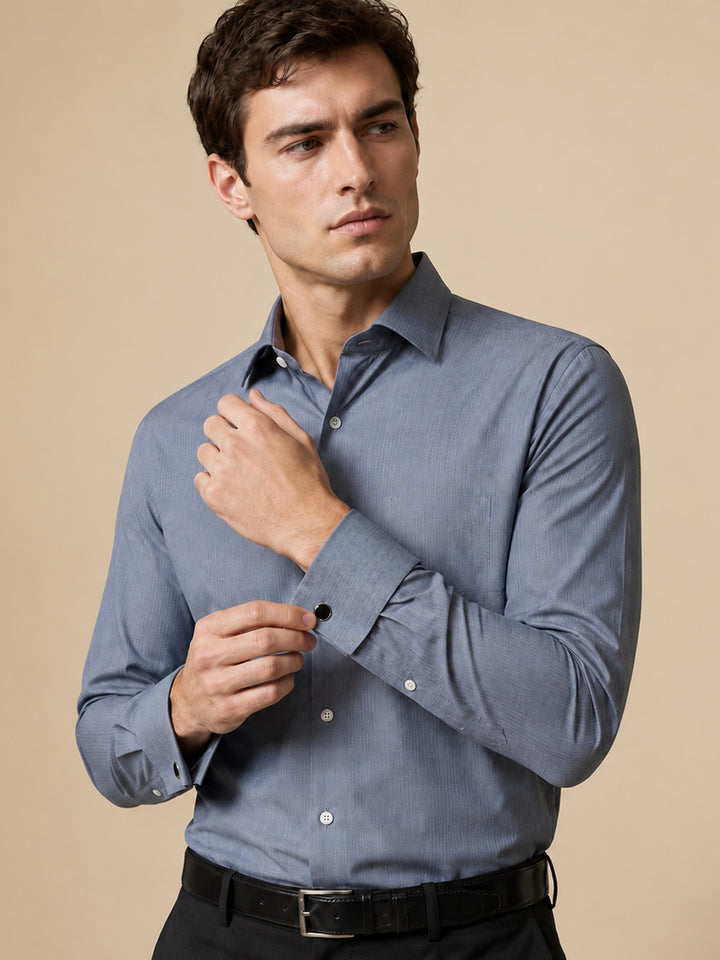 Men Bluish Grey Dobby Herringbone Weave French Cuff Slim Fit Pure Cotton Formal Shirt
