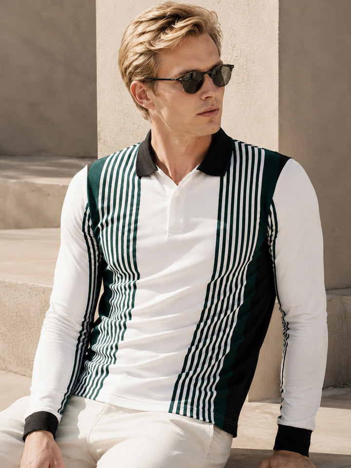 Men White & Green Vertical Striped Polo Collar Pure Cotton Stretch Slim Fit T-shirt