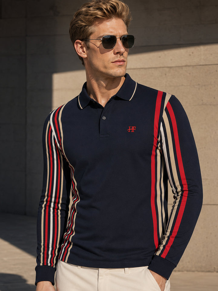 Men Navy Blue Vertical Striped Polo Collar Pure Cotton Stretch Slim Fit T-shirt