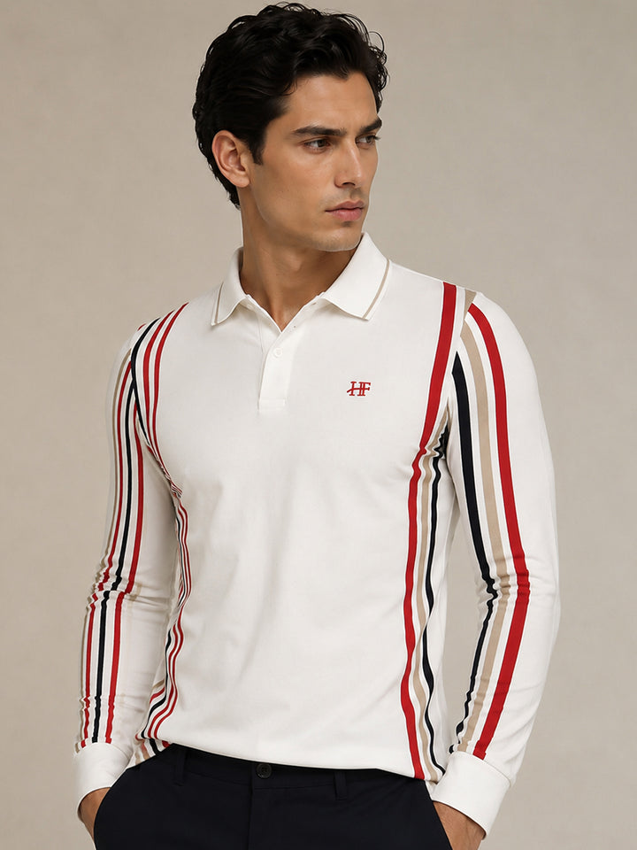 Men White Vertical Striped Polo Collar Pure Cotton Stretch Slim Fit T-shirt