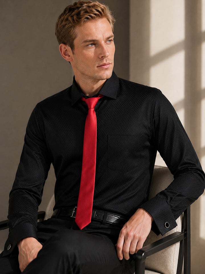 Men Black Dobby French Cuff Pure Cotton Slim Fit Formal Shirt