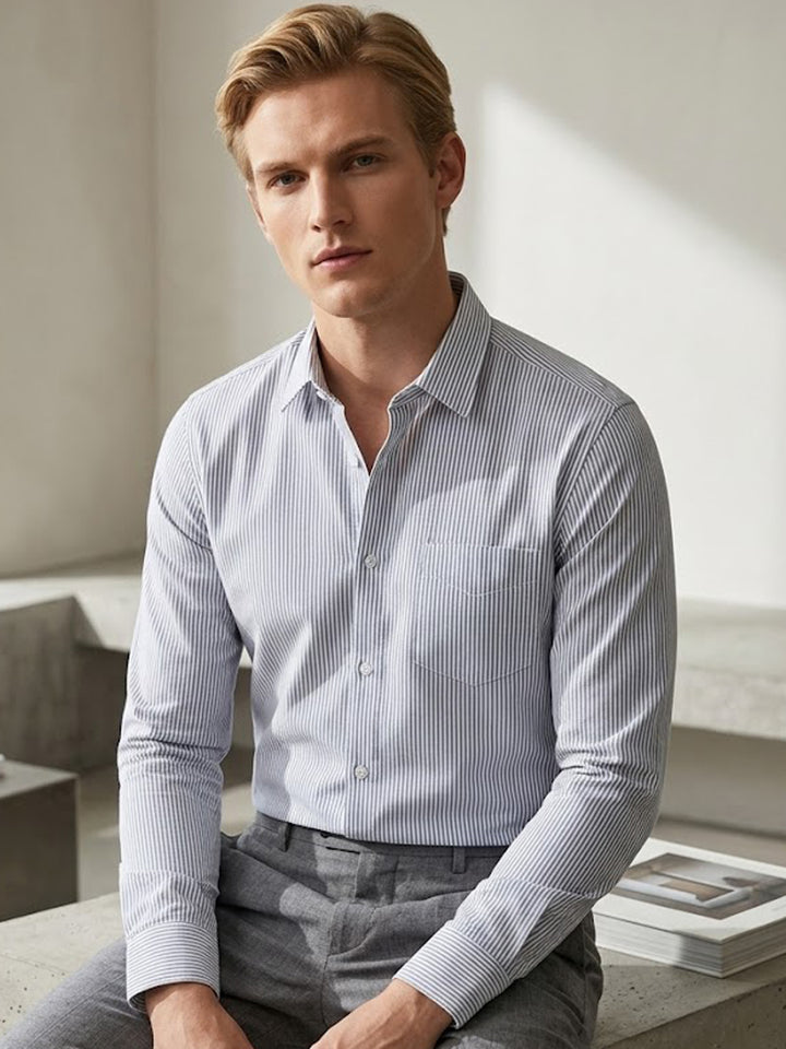 Men White Striped Slim Fit Pure Cotton Formal Shirt